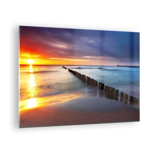 Tablou pe sticlă - Apus de soare peste mare cu diguri de lemn - 70x50cm - Ascultă tăcerea - Decorațiune modernă pentru perete pentru living și dormitor ARTTOR
