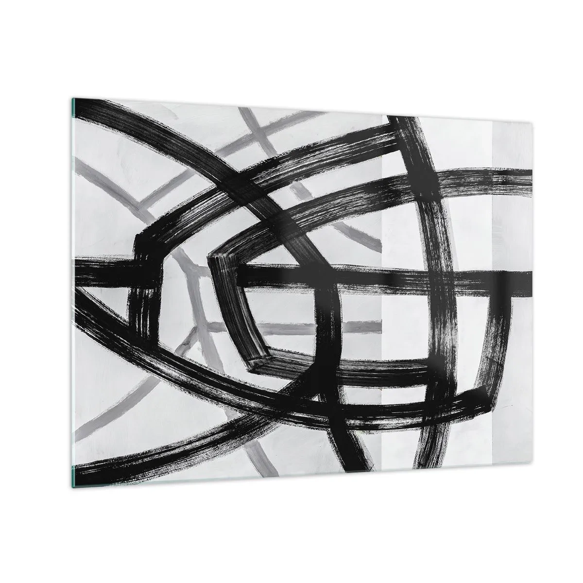 Tablou pe sticlă - Tușele de pensulă negre și gri creează o rețea dinamică de linii. - 70x50cm - Construind adâncimea - Decorațiune modernă pentru perete pentru living și dormitor ARTTOR