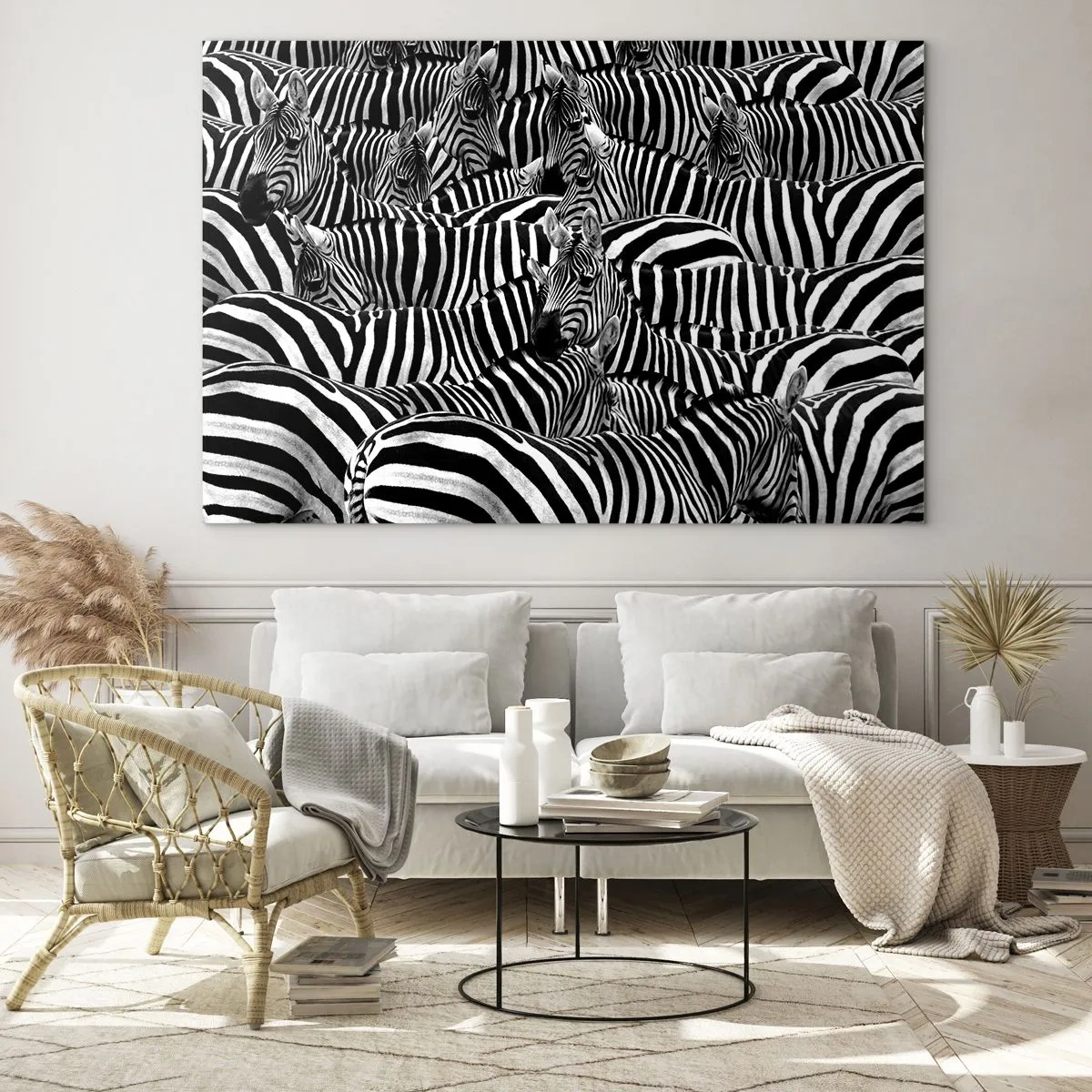 Tablou pe sticlă - O turmă de zebre în monocrom - 70x50cm - Portret de grup cu dungi - Decorațiune modernă pentru perete pentru living și dormitor ARTTOR