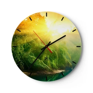Ceas de perete - Ceas pe sticlă - Peisaj forestier cu raze de soare - 30x30cm - Scufundare în soare și umbră - Decorațiune modernă pentru perete pentru living, bucătărie și dormitor ARTTOR