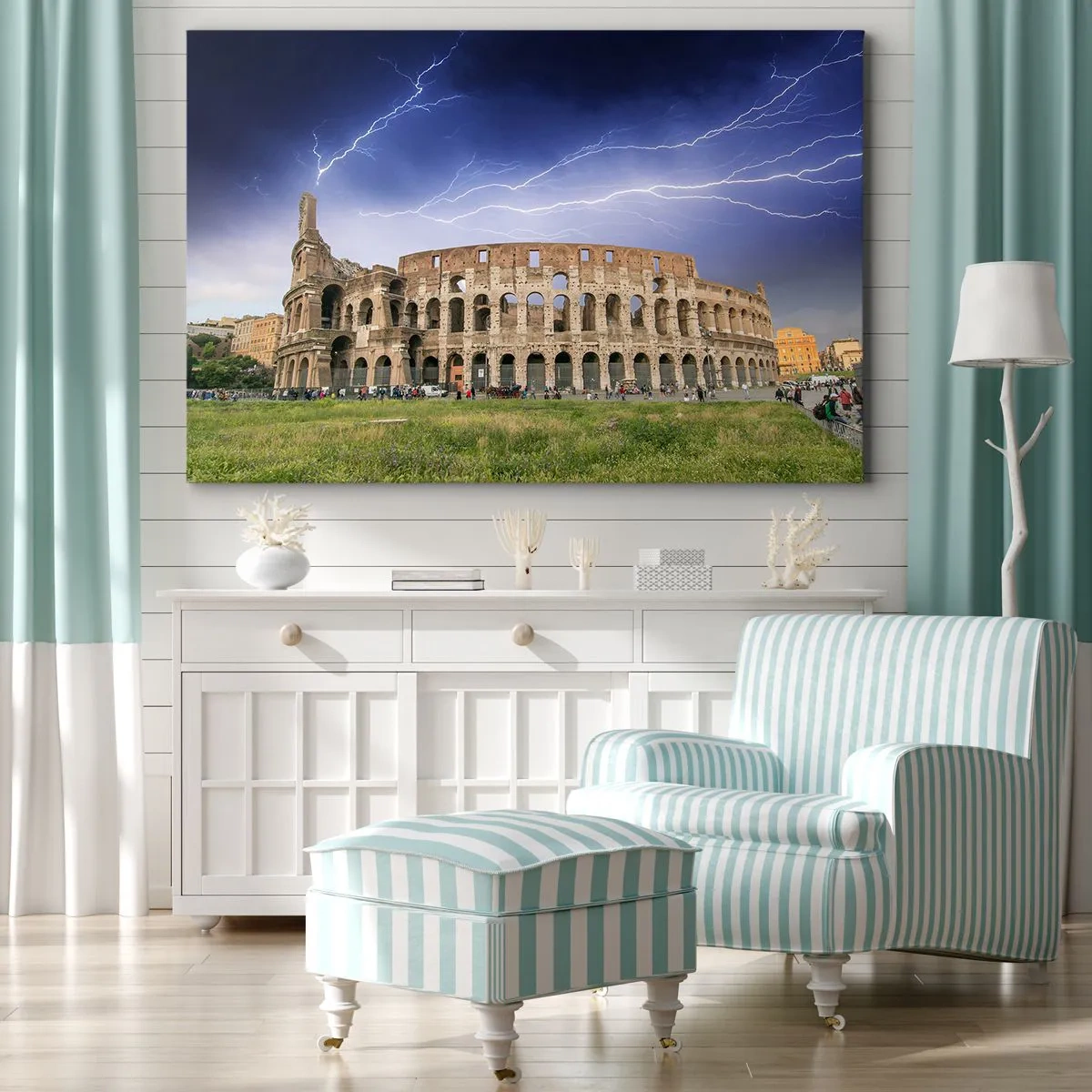 Tablou pe pânză Canvas - Colosseumul din Roma iluminat de fulgere - 70x50cm - Arena de luptă - Decorațiune modernă pentru perete pentru living și dormitor ARTTOR