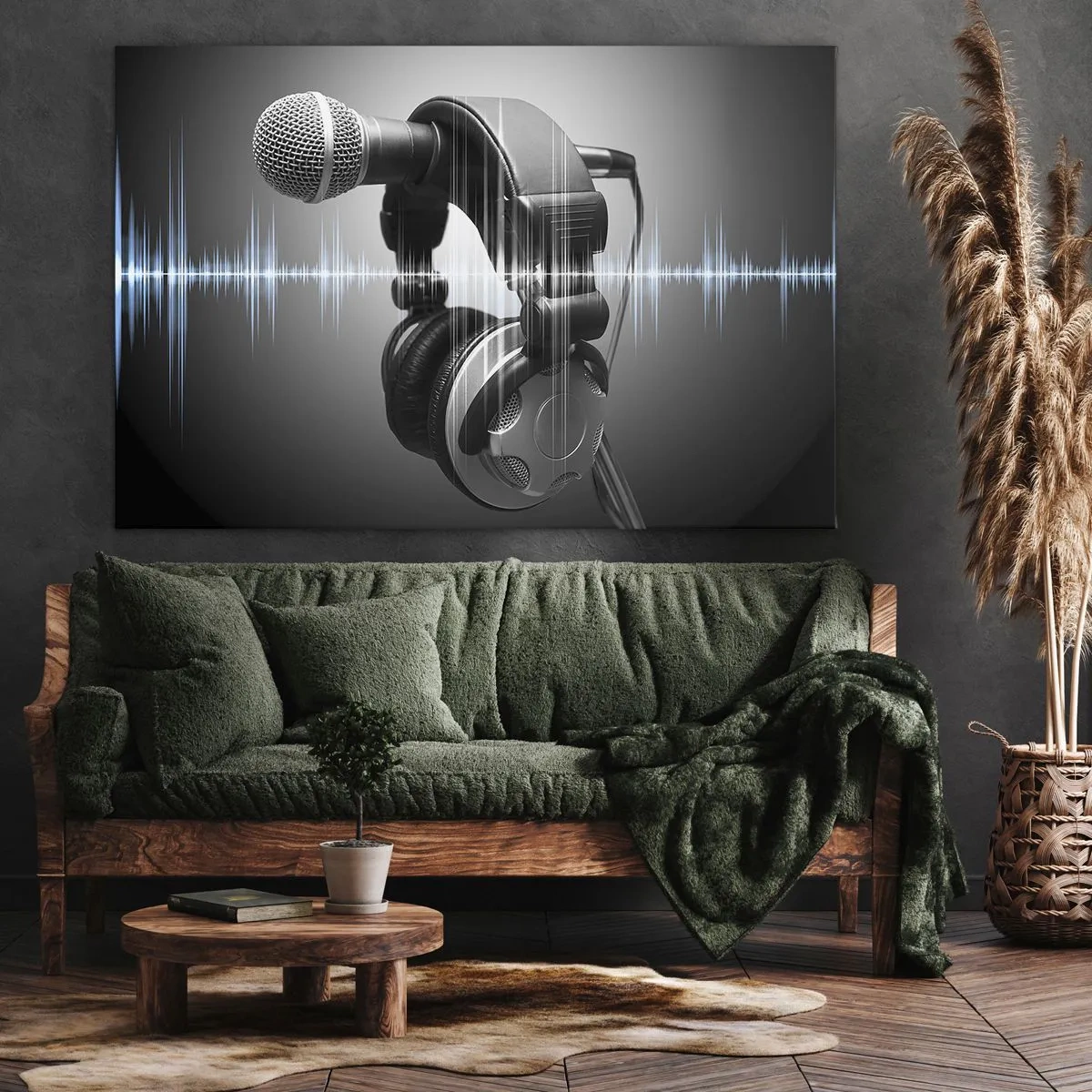 Tablou pe pânză Canvas - Microfon și căști cu vizualizare a undelor sonore în fundal - 70x50cm - Încă se mai poate auzi cântecul - Decorațiune modernă pentru perete pentru living și dormitor ARTTOR