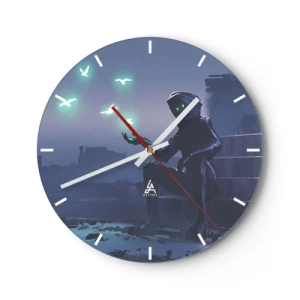 Ceas de perete - Ceas pe sticlă - O figură în întuneric cu păsări neon în fundal - 30x30cm - Viața se va întoarce - Decorațiune modernă pentru perete pentru living, bucătărie și dormitor ARTTOR