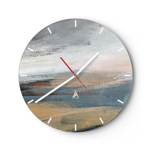 Ceas de perete - Ceas pe sticlă - O abstracțiune picturală care seamănă cu un peisaj în tonuri reci. - 30x30cm - Abstracție: peisaj nordic - Decorațiune modernă pentru perete pentru living, bucătărie și dormitor ARTTOR