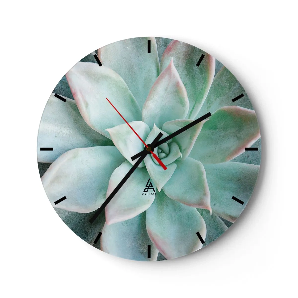 Ceas de perete - Ceas pe sticlă - Fotografie macro a unei suculente verzi cu accente roz - 30x30cm - Inima deșertului - Decorațiune modernă pentru perete pentru living, bucătărie și dormitor ARTTOR