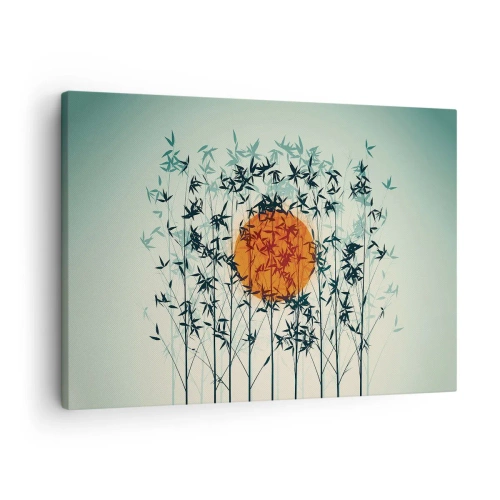 Tablou pe pânză Canvas - Soare portocaliu printre ramurile de bambus - 70x50cm - Soarele japonez - Decorațiune modernă pentru perete pentru living și dormitor ARTTOR