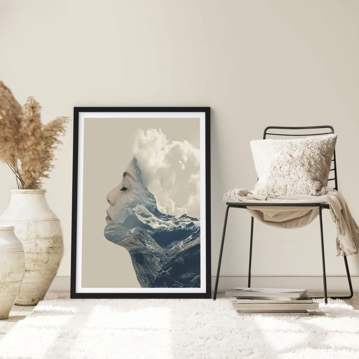 Poster în ramă neagră - Profilul unei femei care se contopește cu un peisaj montan - 50x70cm - Frumusețea elementelor - Decorațiune modernă pentru perete pentru living și dormitor ARTTOR