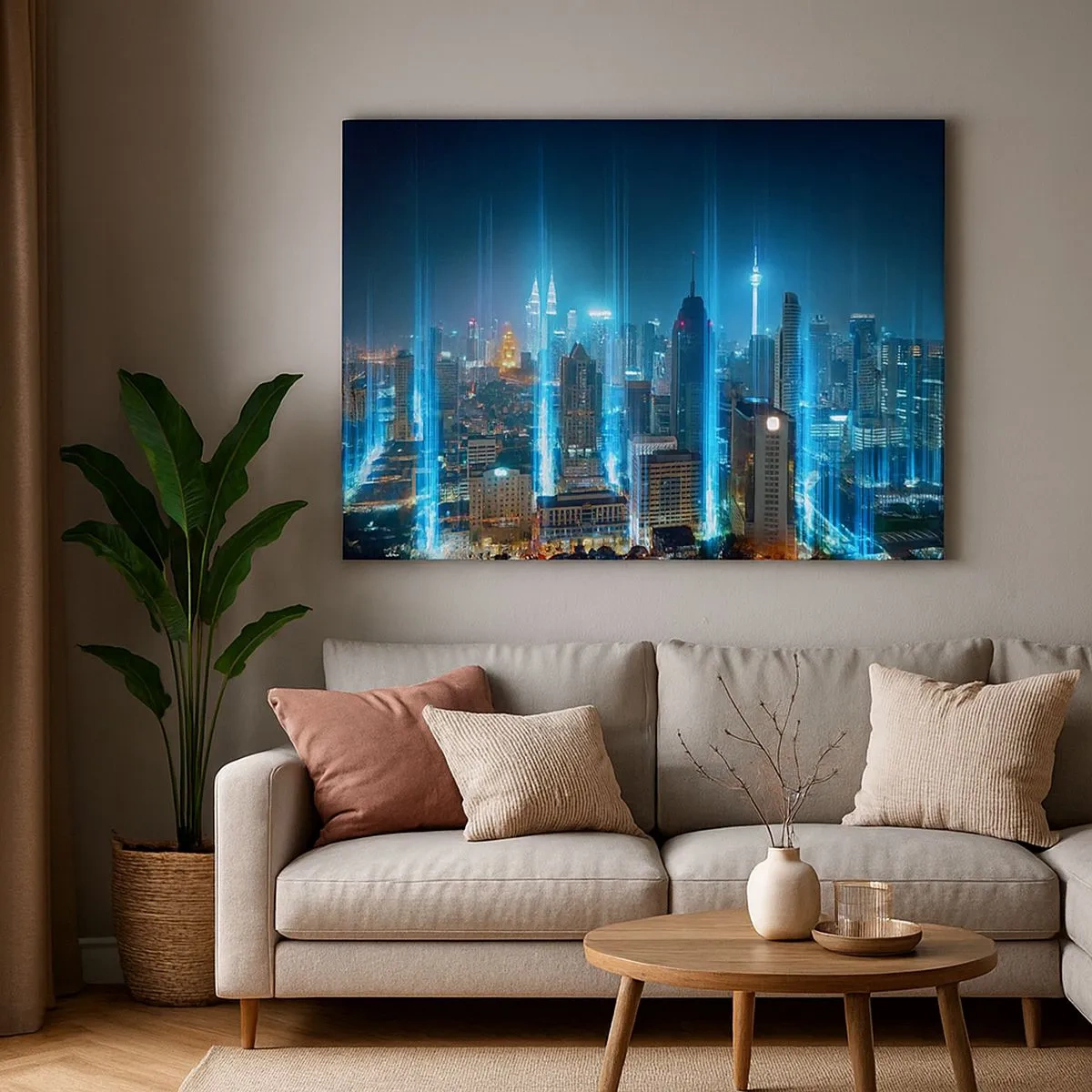 Tablou pe pânză Canvas - Un oraș modern noaptea cu accente de iluminare futuriste. - 70x50cm - Prin Berlin spre cer - Decorațiune modernă pentru perete pentru living și dormitor ARTTOR