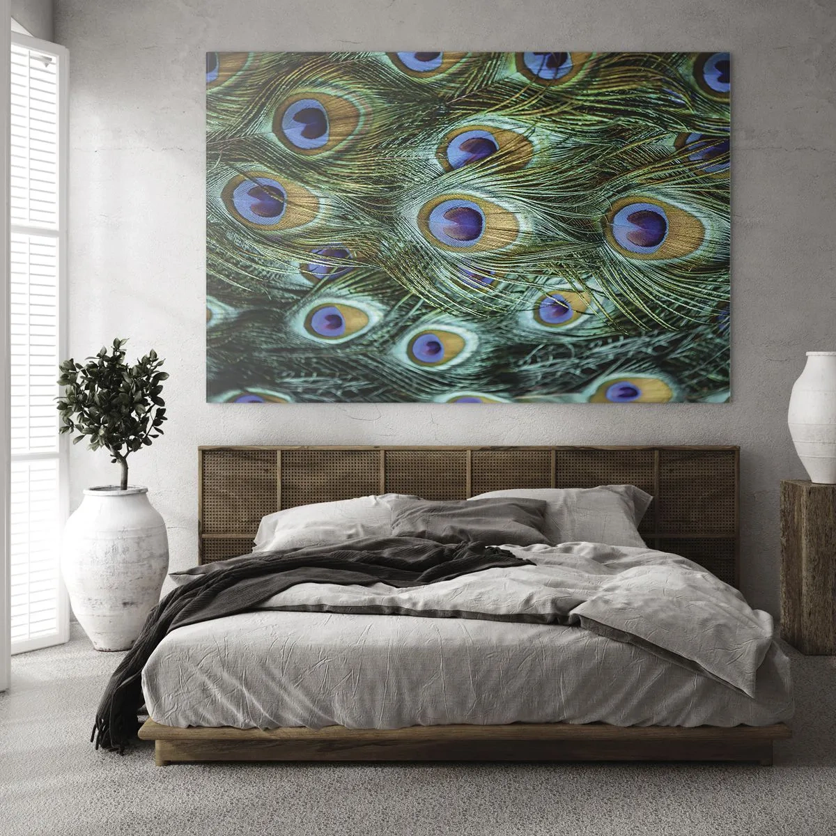 Tablou pe sticlă - Detaliu al penelor de păun cu ochi distincti - 70x50cm - O privire cu ochi de păun - Decorațiune modernă pentru perete pentru living și dormitor ARTTOR