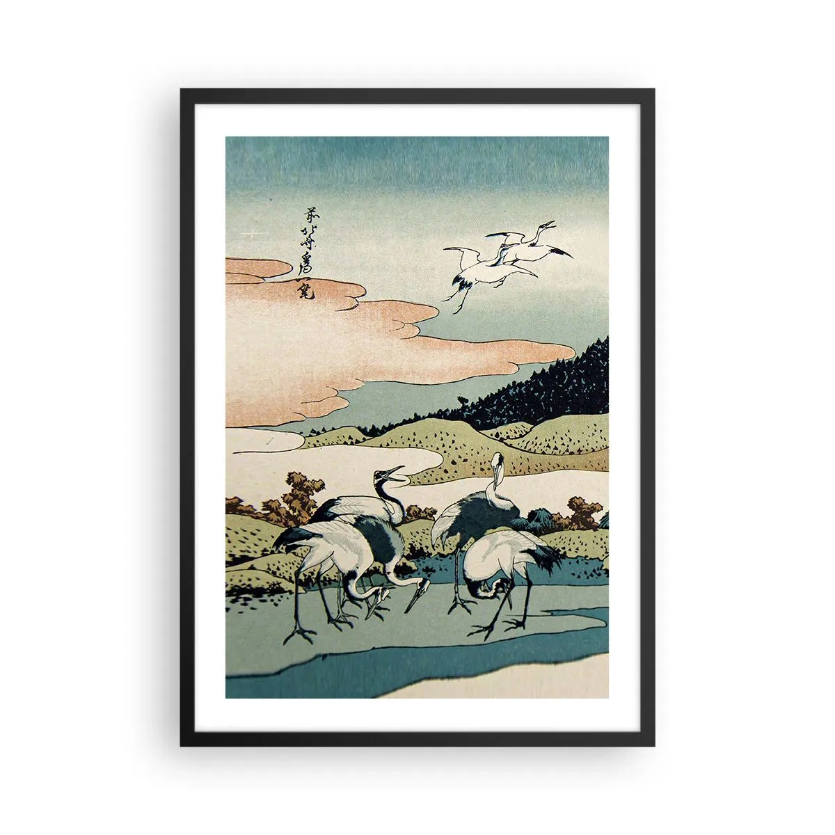 Poster în ramă neagră - Artă tradițională japoneză cu cocori într-un peisaj natural - 50x70cm - În mod japonez - Decorațiune modernă pentru perete pentru living și dormitor ARTTOR