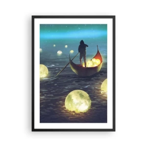 Poster în ramă neagră - O figură pe o barcă înconjurată de sfere luminoase pe apă - 50x70cm - Lucruri la care filozofii nu au visat niciodată - Decorațiune modernă pentru perete pentru living și dormitor ARTTOR