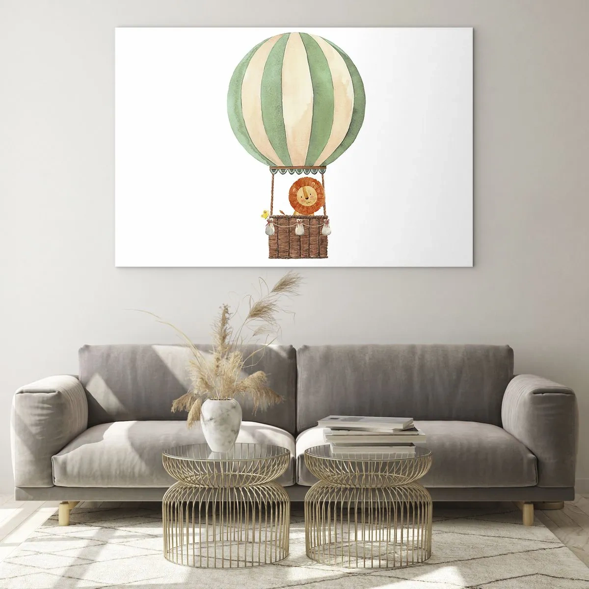 Tablou pe sticlă - Un leu într-un coș de baloane plutind pe un fundal alb - 70x50cm - Călătoriile lui Leon - Decorațiune modernă pentru perete pentru living și dormitor ARTTOR