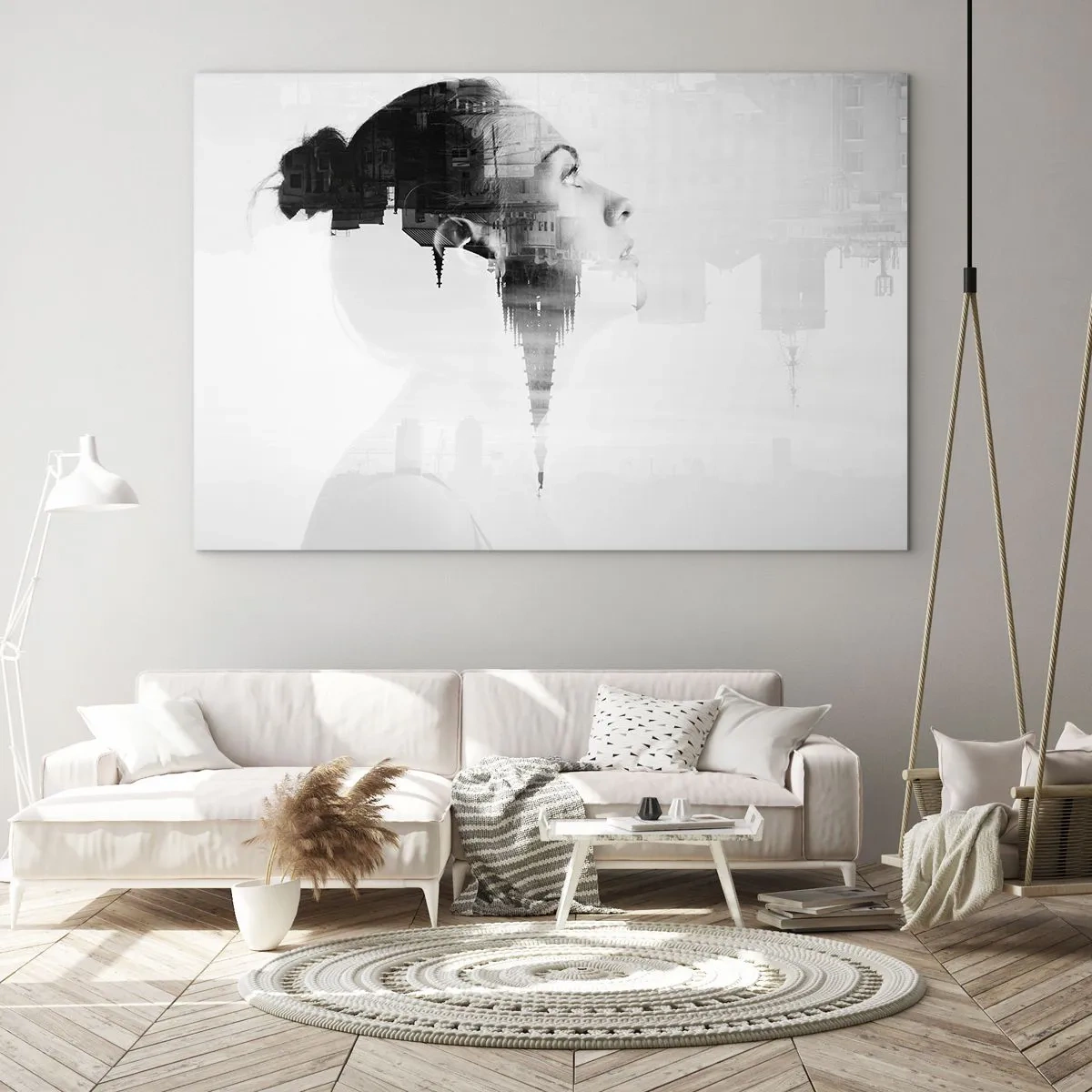 Tablou pe sticlă - Silueta unei femei cu elemente arhitecturale în fundal - 70x50cm - Pe ambele părți ale geamului - Decorațiune modernă pentru perete pentru living și dormitor ARTTOR