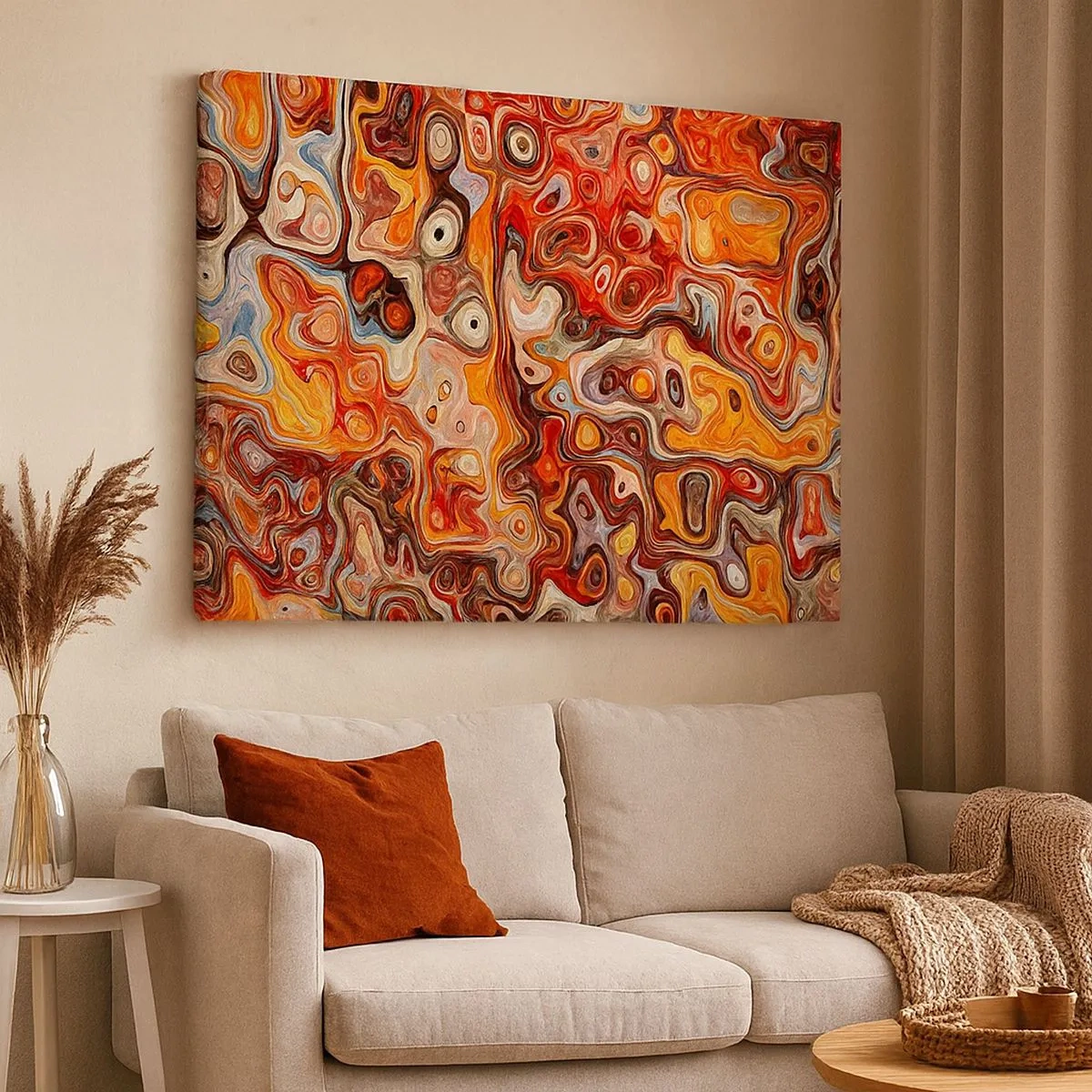 Tablou pe pânză Canvas - O compoziție abstractă în nuanțe calde de roșu, portocaliu și galben. - 70x50cm - Dacă nucile s-au topit în miere - Decorațiune modernă pentru perete pentru living și dormitor ARTTOR