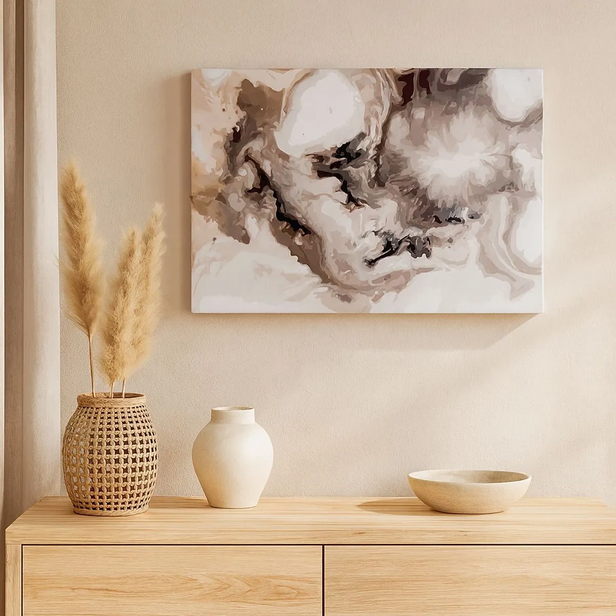 Tablou pe pânză Canvas - Model abstract în nuanțe de maro și alb - 70x50cm - Nașterea unei galaxii - Decorațiune modernă pentru perete pentru living și dormitor ARTTOR