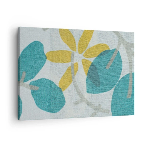 Tablou pe pânză Canvas - Frunze în nuanțe de turcoaz și galben pe un fundal deschis - 70x50cm - Printre frunzele de azur - Decorațiune modernă pentru perete pentru living și dormitor ARTTOR