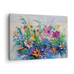 Tablou pe pânză Canvas - Un buchet colorat de flori pictat folosind tehnica impasto - 70x50cm - Nu este deloc o natură moartă - Decorațiune modernă pentru perete pentru living și dormitor ARTTOR
