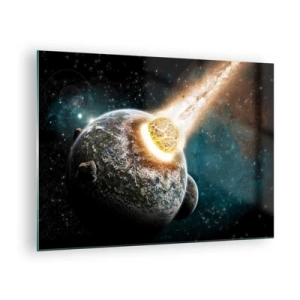 Tablou pe sticlă - O planetă care se ciocnește cu un meteorit - 70x50cm - Anihilare sau naștere? - Decorațiune modernă pentru perete pentru living și dormitor ARTTOR