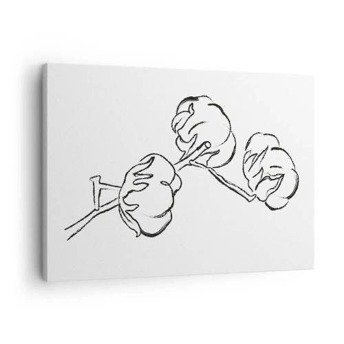 Tablou pe pânză Canvas - Un contur delicat al unei ramuri de bumbac pe un fundal alb - 70x50cm - Pufuri de bumbac - Decorațiune modernă pentru perete pentru living și dormitor ARTTOR