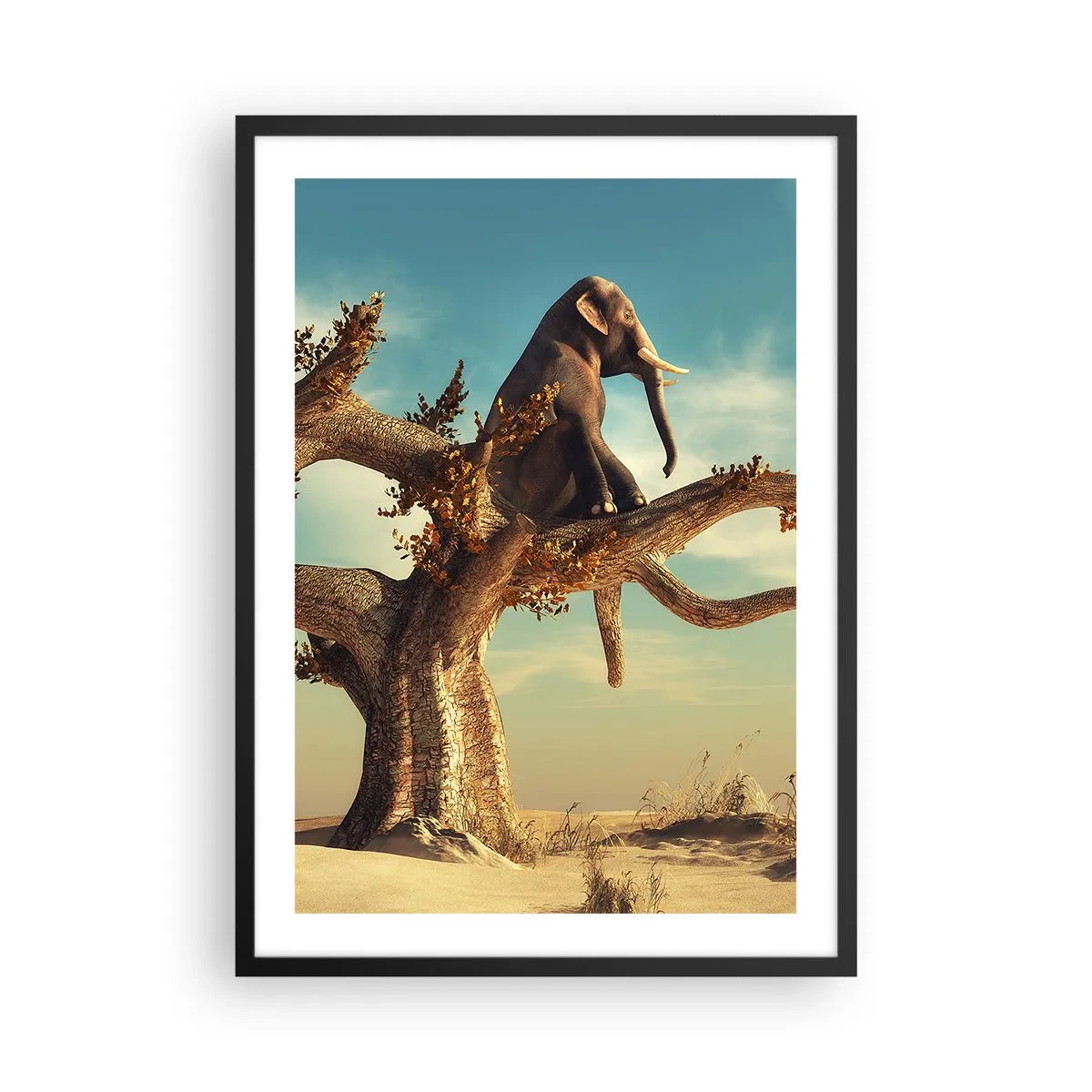 Poster în ramă neagră - Un elefant stând pe o creangă de copac într-un peisaj suprarealist. - 50x70cm - Un nou punct de vedere - Decorațiune modernă pentru perete pentru living și dormitor ARTTOR