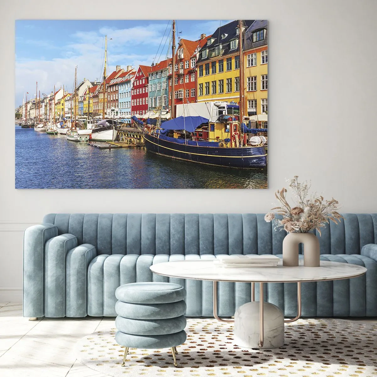 Tablou pe sticlă - Case colorate pe canal în Copenhaga - 70x50cm - Portul vesel - Decorațiune modernă pentru perete pentru living și dormitor ARTTOR