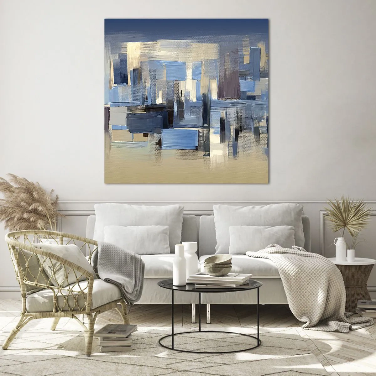 Tablou pe sticlă - Construcție albastră - 70x70 cm