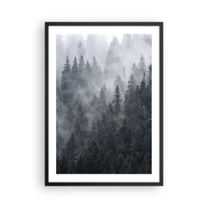 Poster în ramă neagră - O pădure încețoșată cu conifere înalți - 50x70cm - Zori de pădure - Decorațiune modernă pentru perete pentru living și dormitor ARTTOR