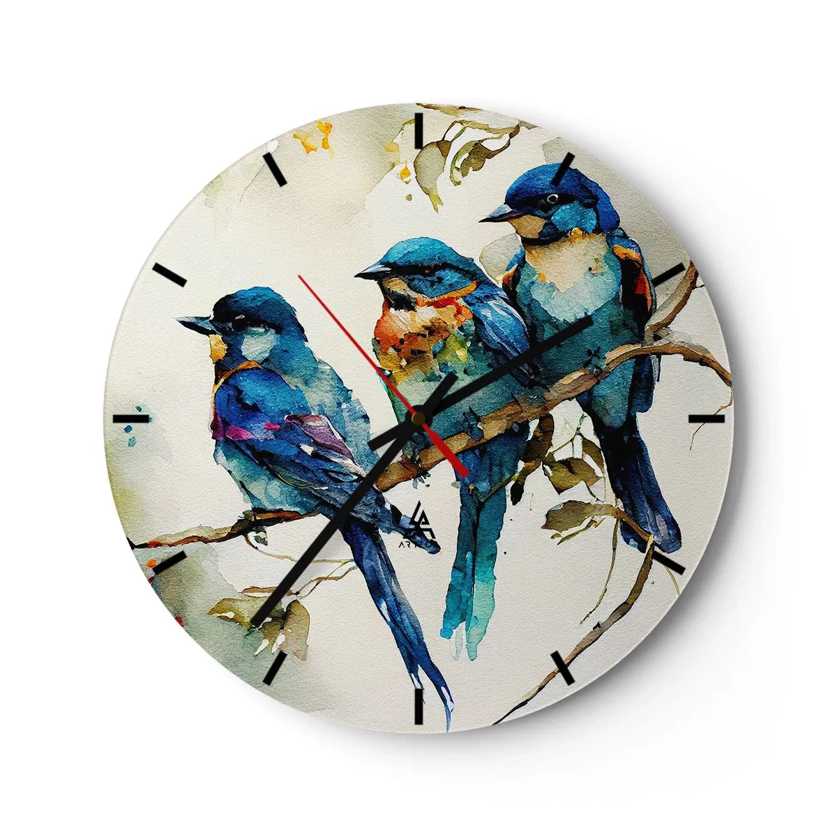 Ceas de perete - Ceas pe sticlă - Păsări colorate pe o ramură într-un stil de ilustrație în acuarelă - 30x30cm - Se simte jignit? - Decorațiune modernă pentru perete pentru living, bucătărie și dormitor ARTTOR