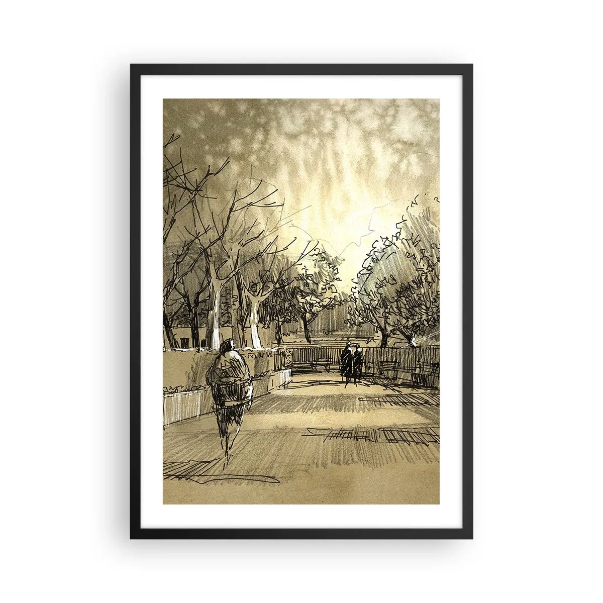 Poster în ramă neagră - Ilustrație de parc în stil schiță, în tonuri sepia - 50x70cm - Un moment reținut cu pene - Decorațiune modernă pentru perete pentru living și dormitor ARTTOR