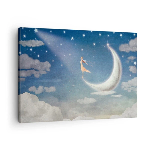 Tablou pe pânză Canvas - O femeie pe lună înconjurată de stele și nori - 70x50cm - Provocatoare în albastru - Decorațiune modernă pentru perete pentru living și dormitor ARTTOR