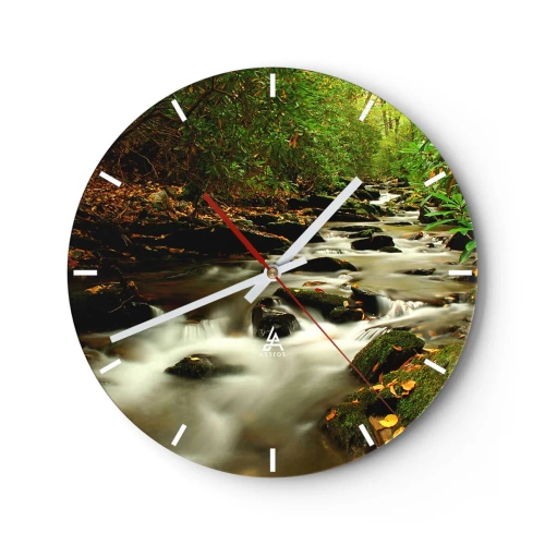 Ceas de perete - Ceas pe sticlă - Un pârâu de pădure înconjurat de verdeață - 30x30cm - Ca argintul lichid - Decorațiune modernă pentru perete pentru living, bucătărie și dormitor ARTTOR