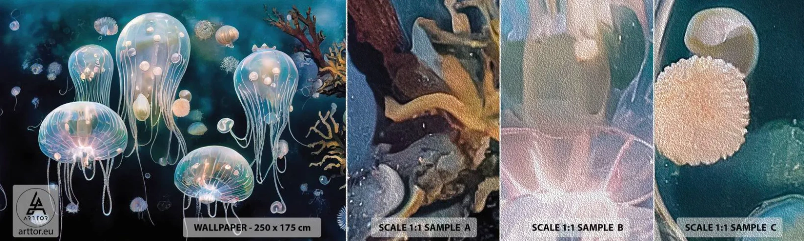 Mostră tapet Premium Sand - Balul subacvatic - meduze, Animale, Adâncimi - 100x30 cm