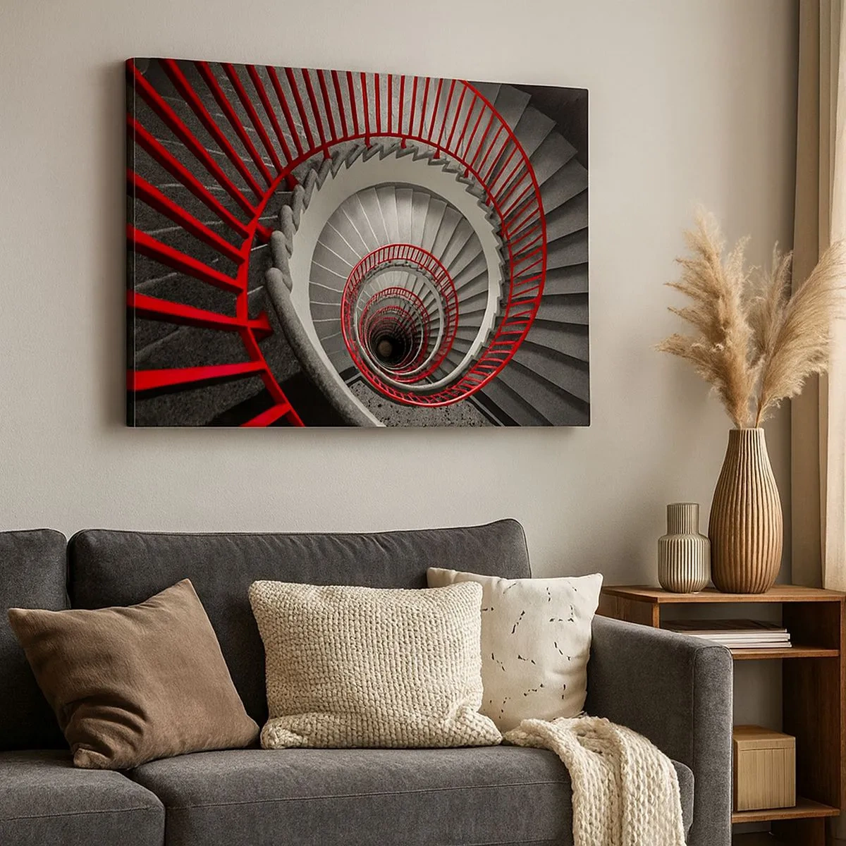 Tablou pe pânză Canvas - Scară spiralată cu balustrade roșii într-o perspectivă dinamică - 70x50cm - Jocuri arhitecturale - Decorațiune modernă pentru perete pentru living și dormitor ARTTOR