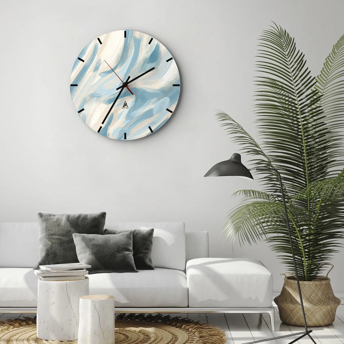Ceas de perete - Ceas pe sticlă - Dungi pastelate abstracte în albastru și bej - 30x30cm - Brize de primăvară - Decorațiune modernă pentru perete pentru living, bucătărie și dormitor ARTTOR