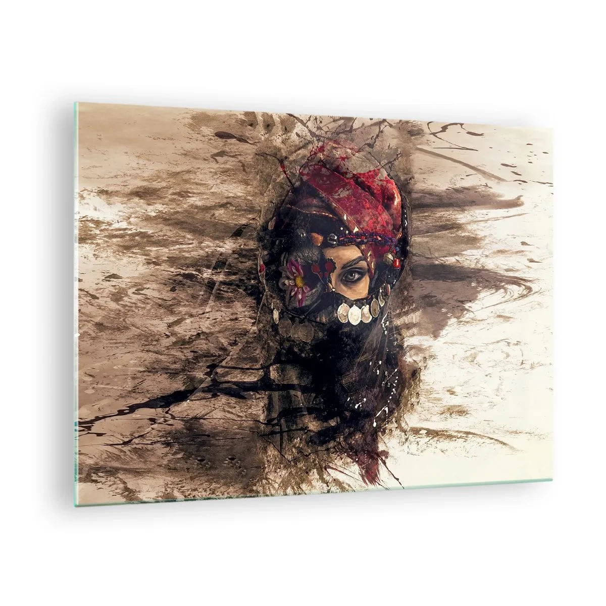 Tablou pe sticlă - Portretul unei femei misterioase într-un turban roșu - 70x50cm - Cel puțin îngrijător - Decorațiune modernă pentru perete pentru living și dormitor ARTTOR