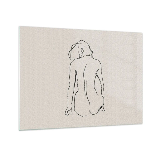 Tablou pe sticlă - O schiță delicată a unei femei așezate, desenată cu negru pe un fundal deschis la culoare. - 70x50cm - Nud de fată - Decorațiune modernă pentru perete pentru living și dormitor ARTTOR