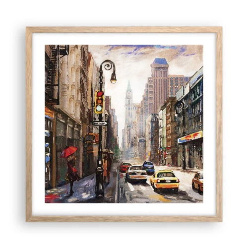 Poster în ramă de stejar deschis - New York - plin de culoare și în ploaie - 50x50 cm