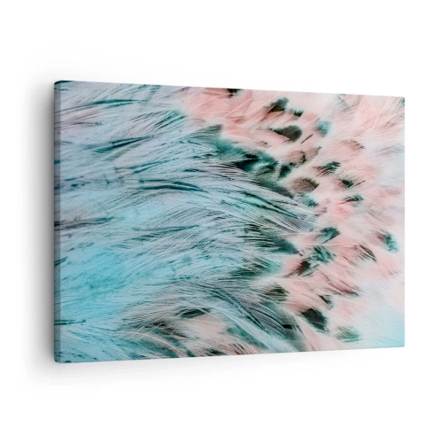 Tablou pe pânză Canvas - Prim-plan cu pene în culori pastelate roz-safir - 70x50cm - Puful roz și safir - Decorațiune modernă pentru perete pentru living și dormitor ARTTOR