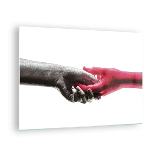 Tablou pe sticlă - Prim-plan cu două mâini, una în negru, cealaltă în roșu, care se țin una de cealaltă - 70x50cm - Împreună, deși diferiți - Decorațiune modernă pentru perete pentru living și dormitor ARTTOR