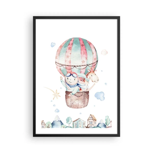 Poster în ramă neagră - ilustrație drăguță a unui ursuleț de pluș care zboară într-un balon deasupra unui oraș - 50x70cm - Ne vom întoarce în curând! - Decorațiune modernă pentru perete pentru living și dormitor ARTTOR