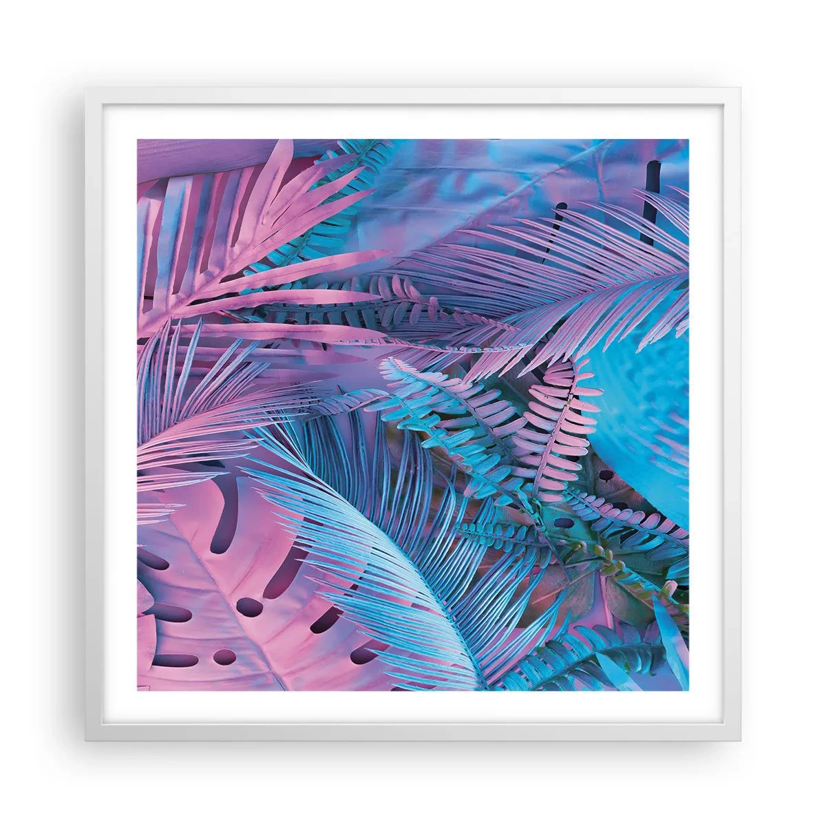 Poster în ramă albă - Palmieri în alb și albastru - 60x60 cm