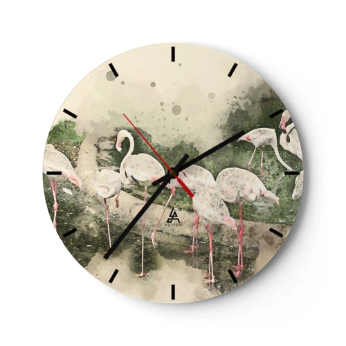 Ceas de perete - Ceas pe sticlă - Un stol de flamingo într-un cadru tropical liniștit - 30x30cm - Un vis exotic - Decorațiune modernă pentru perete pentru living, bucătărie și dormitor ARTTOR