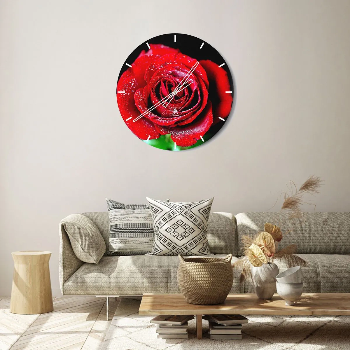 Ceas de perete - Ceas pe sticlă - Un trandafir roșu acoperit cu picături de rouă - 30x30cm - Pur și simplu dragoste - Decorațiune modernă pentru perete pentru living, bucătărie și dormitor ARTTOR