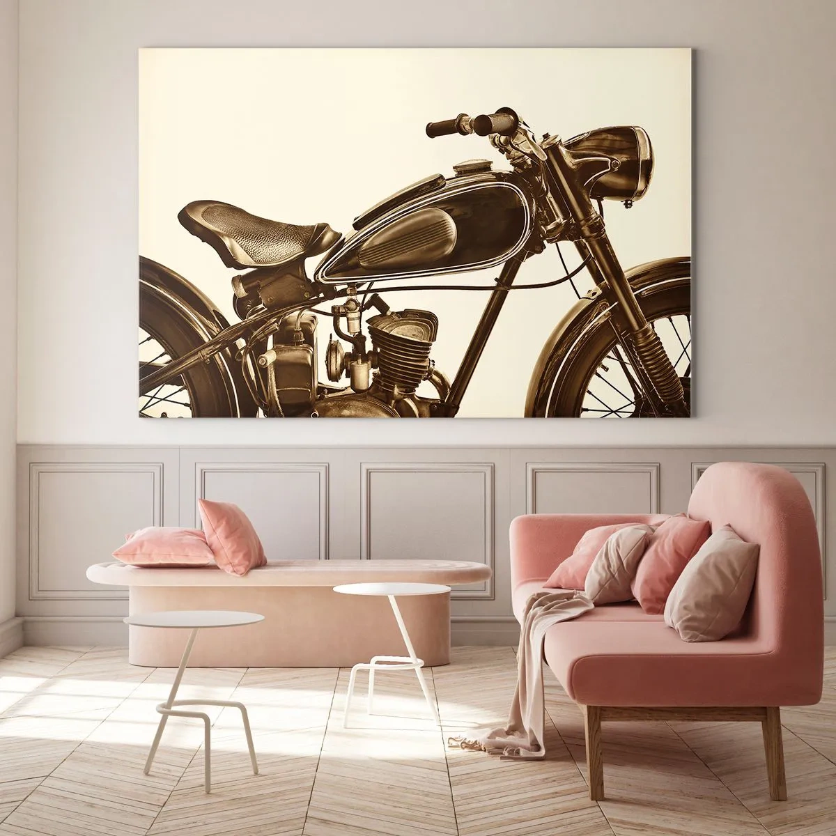 Tablou pe sticlă - Motocicletă retro elegantă în tonuri sepia pe un fundal deschis - 70x50cm - Dorul de clasici - Decorațiune modernă pentru perete pentru living și dormitor ARTTOR