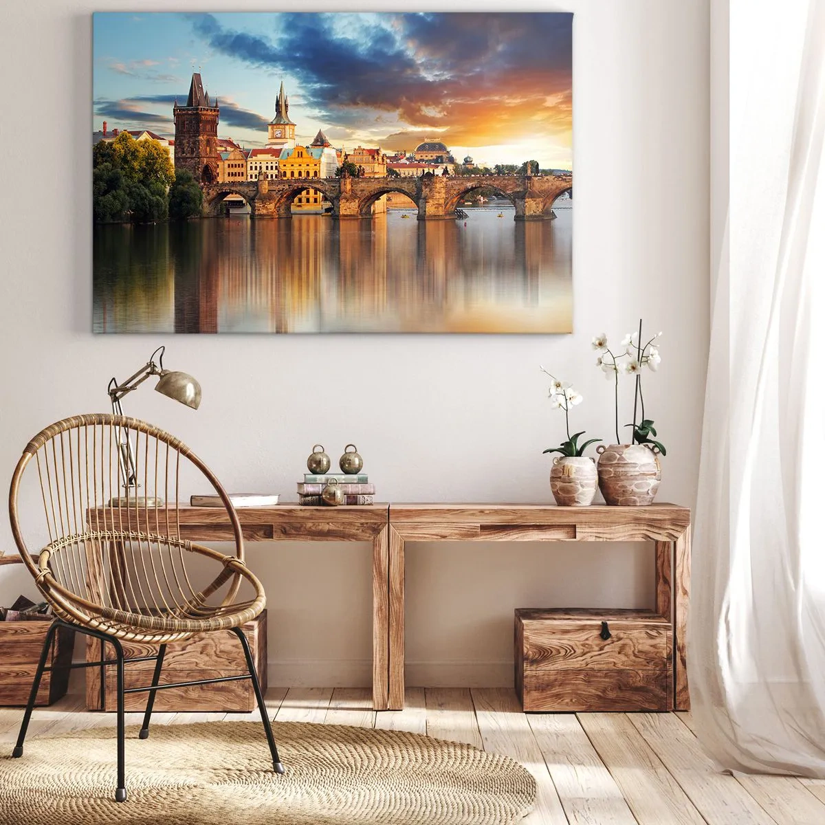 Tablou pe pânză Canvas - Podul istoric peste râu în lumina soarelui care apune - 70x50cm - Frumoasă pentru veacuri - Decorațiune modernă pentru perete pentru living și dormitor ARTTOR