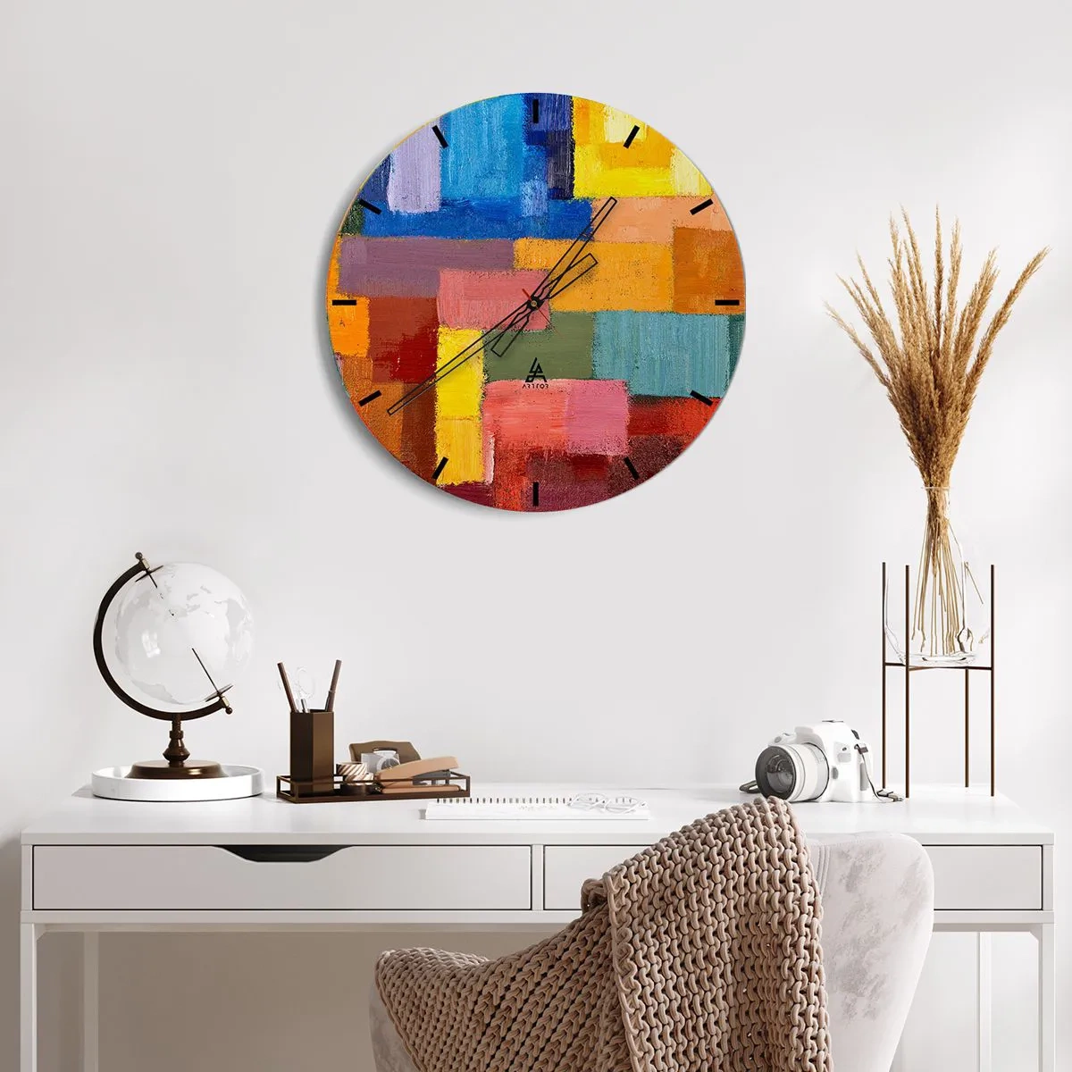 Ceas de perete - Ceas pe sticlă - Dreptunghiuri colorate cu o textură de vopsea în ulei pe cadranul ceasului - 30x30cm - Fiecare diferită, toate colorate - Decorațiune modernă pentru perete pentru living, bucătărie și dormitor ARTTOR