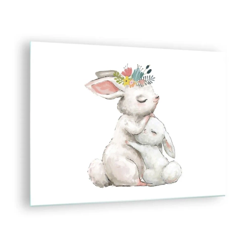 Tablou pe sticlă - Doi iepuri drăgălași în culori pastelate - 70x50cm - Ca la mama - Decorațiune modernă pentru perete pentru living și dormitor ARTTOR
