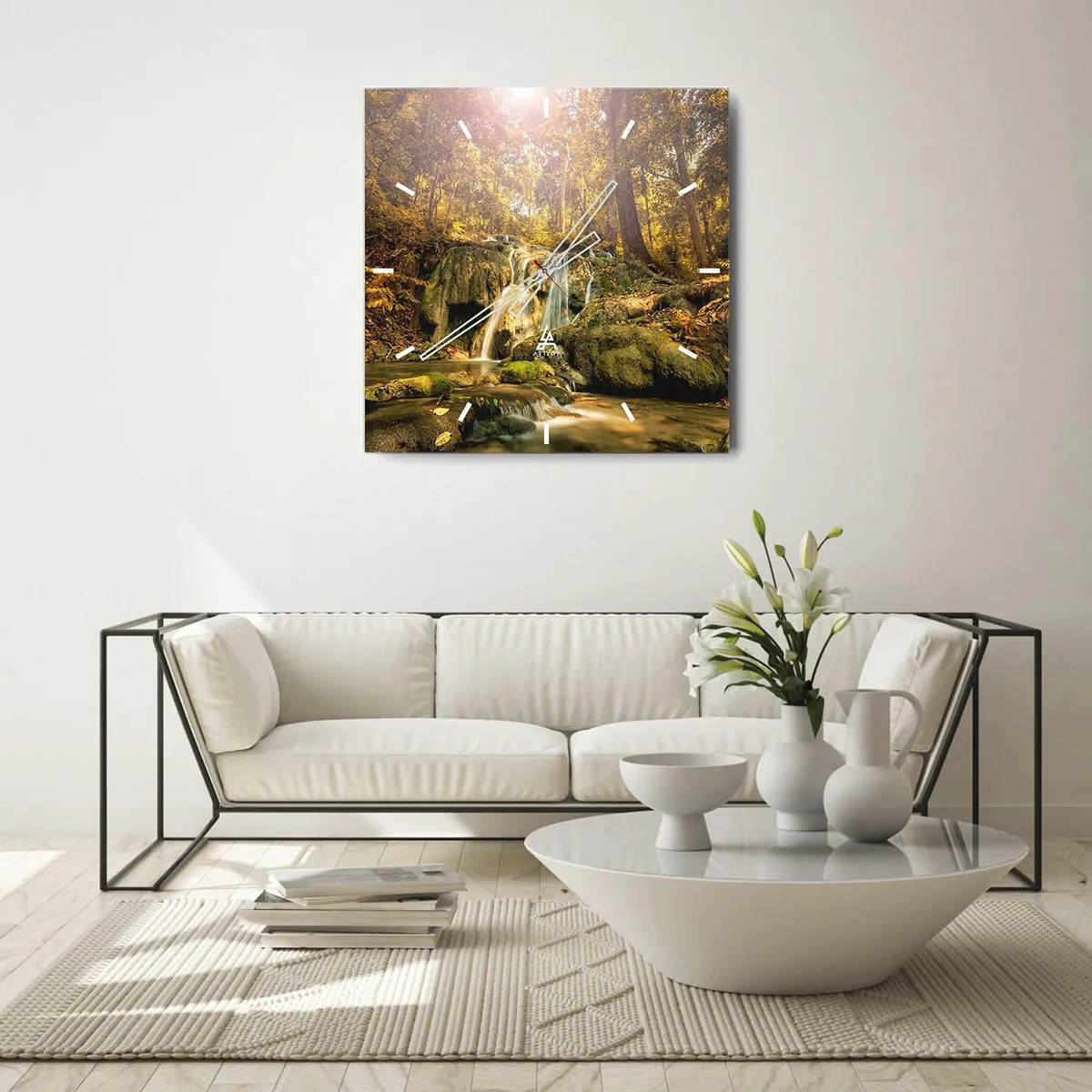 Ceas de perete - Ceas pe sticlă - Cascada de pădure în verde - 40x40 cm