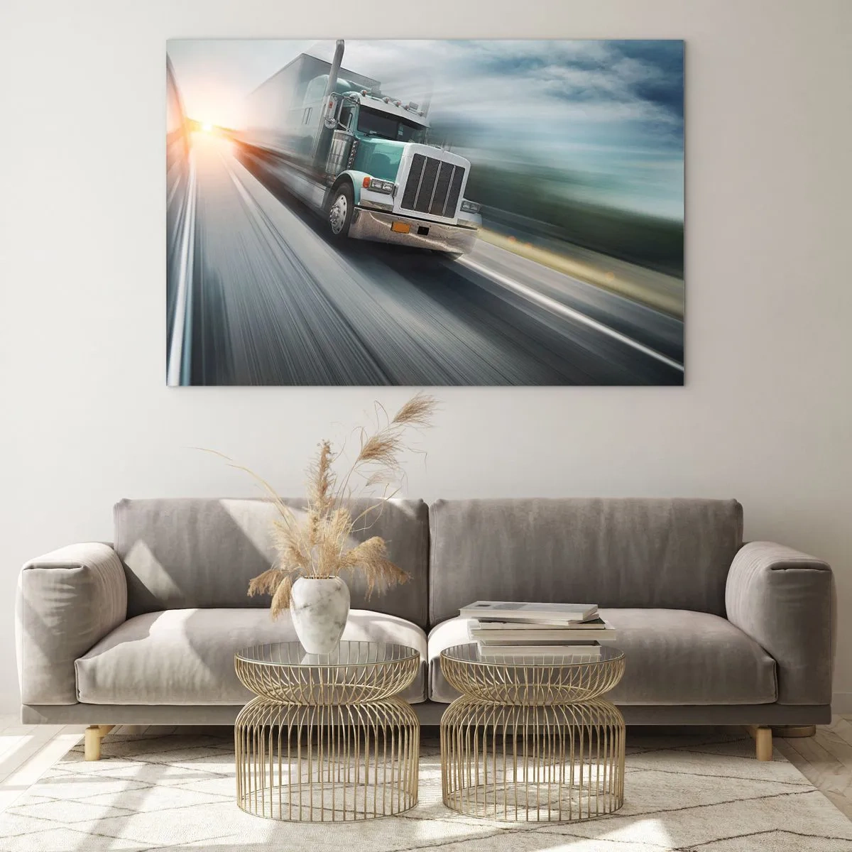 Tablou pe sticlă - Camion pe autostradă la apus - 70x50cm - Gigant american în mișcare - Decorațiune modernă pentru perete pentru living și dormitor ARTTOR