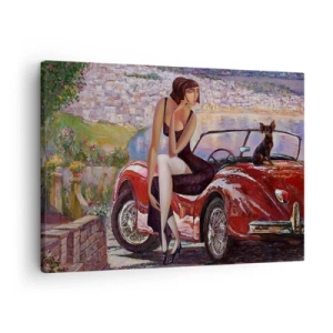Tablou pe pânză Canvas - O femeie lângă o mașină roșie cu un oraș în fundal - 70x50cm - Vară? Doar pe Riviera - Decorațiune modernă pentru perete pentru living și dormitor ARTTOR